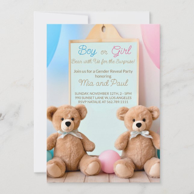 Invitation Cute Teddy Bear Lui ou Elle Révélation de genre (Devant)