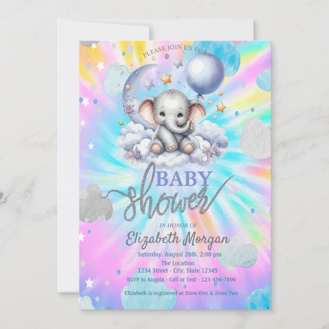 Invitation Cute Teddy Bear Stars Nuages Tie Dye Baby shower (Devant)
