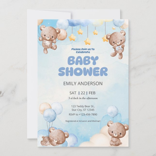 Invitation Cute Teddy Bear Twinkle Little Star (Devant)