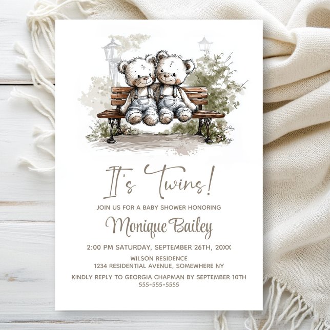 Invitation Cute Teddy Bear Twins Baby Shower (Créateur téléchargé)