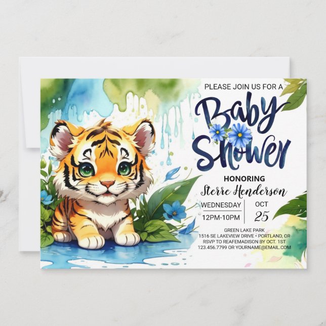 Invitation Cute Tiger Cubs Baby Boy Douche (Devant)