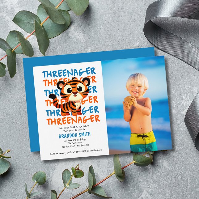 Invitation Cute Tiger Trois Garçon 3ème anniversaire de fête  (Cute Tiger Threenager Boy 3rd Birthday Party Photo Invitation
)