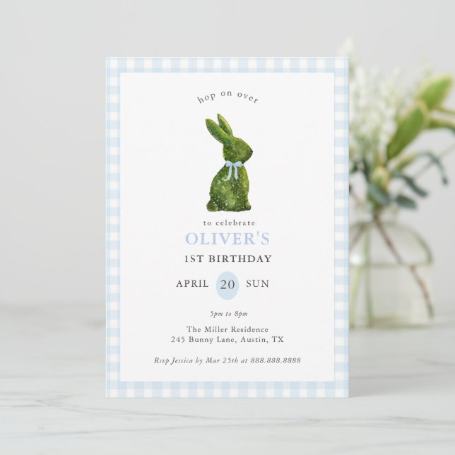 Invitation Cute Topiary Bunny blue Gingham Birthday  (Debout devant)