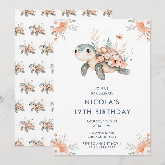 Invitation Cute tortue florale fête d'anniversaire (Devant / Derrière)
