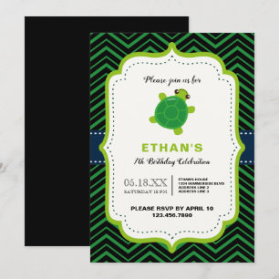 Invitation CUTE tortue vert noir kawaii enfants garçons anniv