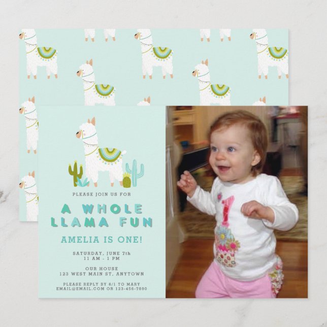 Invitation Cute Tout Llama Amusant Aqua Premier Anniversaire  (Devant / Derrière)