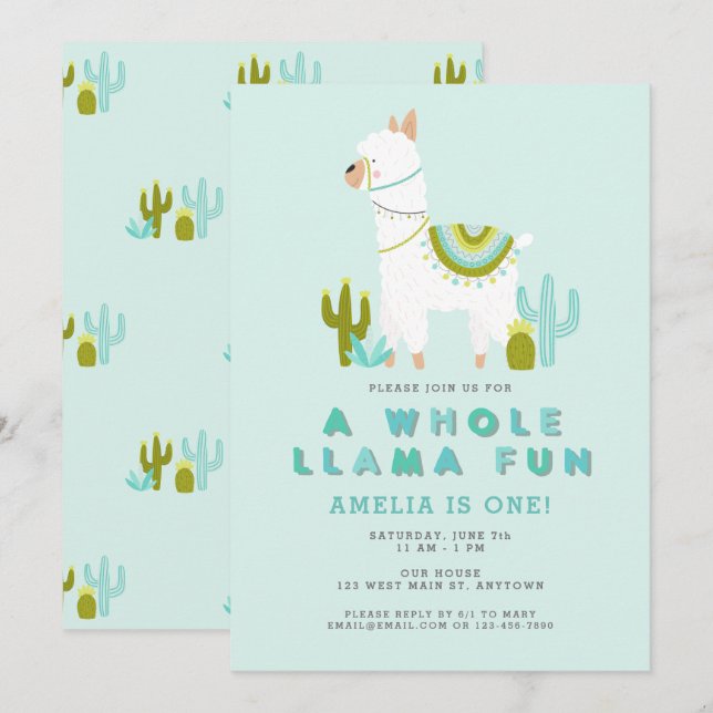 Invitation Cute Tout Llama Amusant Aqua Première fête d'anniv (Devant / Derrière)