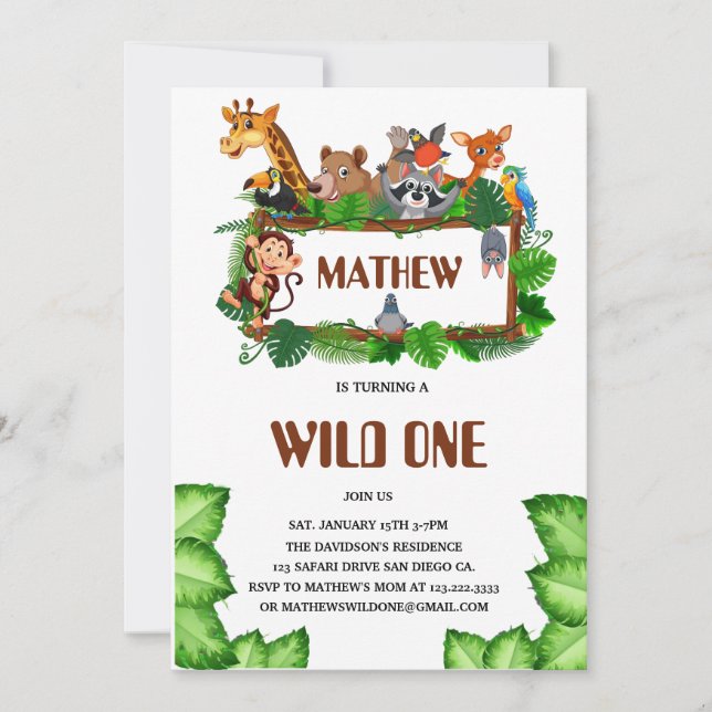 Invitation Cute Tropical Jungle Safari Wild One 1st  (Devant)