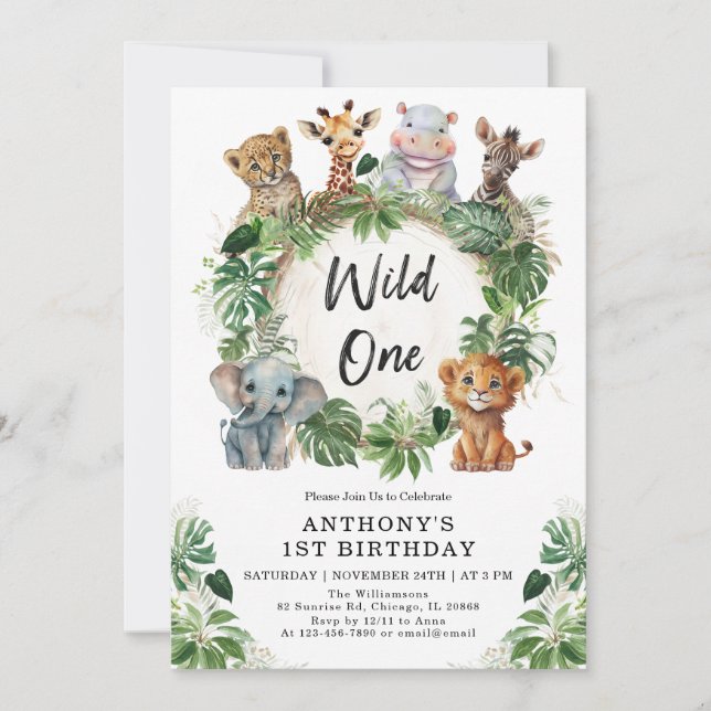 Invitation Cute Tropical Jungle Safari Wild One 1st Birthday (Devant)