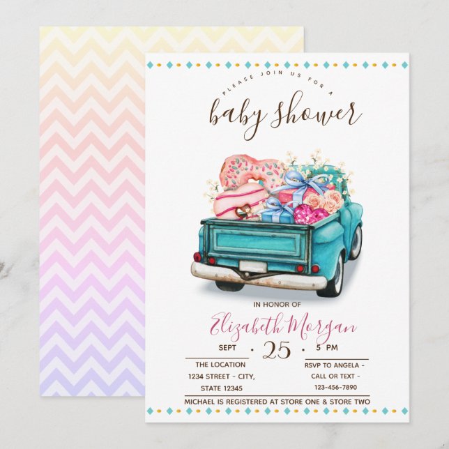 Invitation Cute Truck Sweets Baby shower Zigzag (Devant / Derrière)
