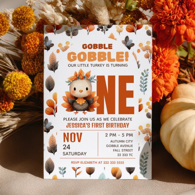 Invitation Cute Turkey Fall Foliage Thanksgiving 1st Birthday (Créateur téléchargé)
