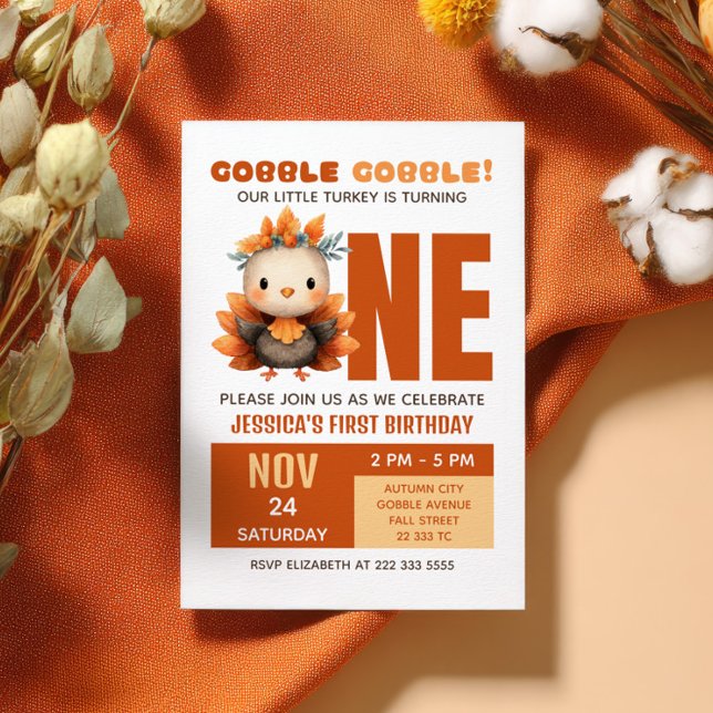 Invitation Cute Turkey Gobble Fall Thanksgiving 1st Birthday (Créateur téléchargé)