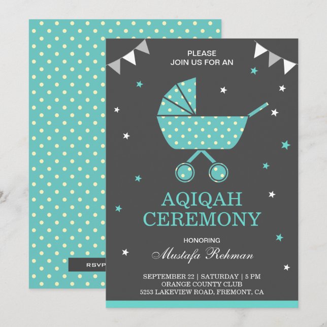 Invitation Cute Turquoise Pram Baby Boy Aqiqah (Devant / Derrière)