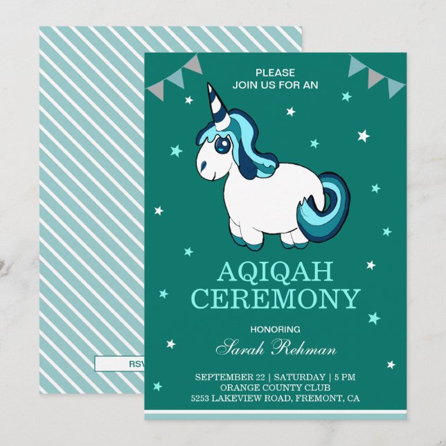 Invitation Cute Turquoise Unicorn Baby Girl Aqiqah (Devant / Derrière)
