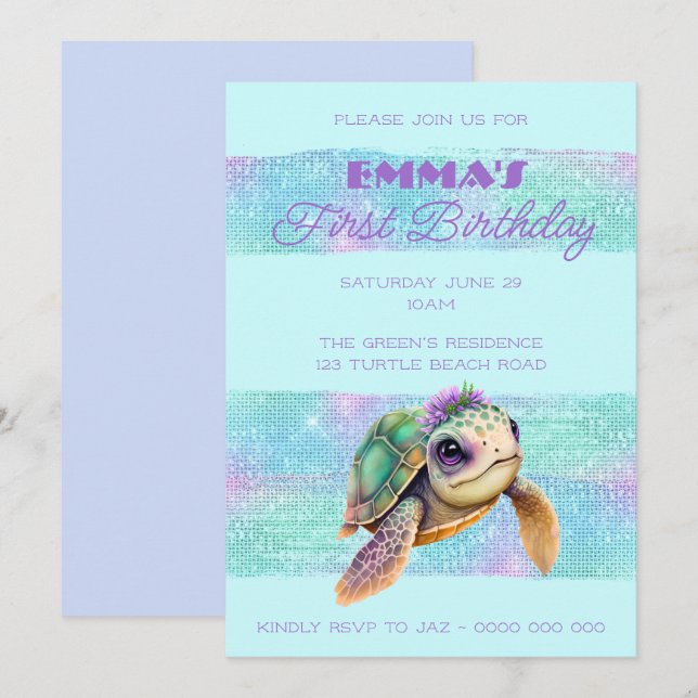 Invitation Cute Turtle Summer Beach Aqua 1er anniversaire (Devant / Derrière)