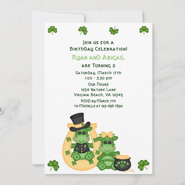 Invitation Cute Twin Boy & Girl Dragons Irlandais Anniversair (Devant)