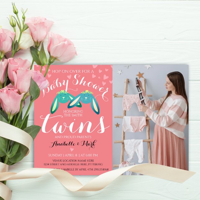 Invitation Cute Twin Bunnies Pastel Neutral Baby shower Photo (Créateur téléchargé)