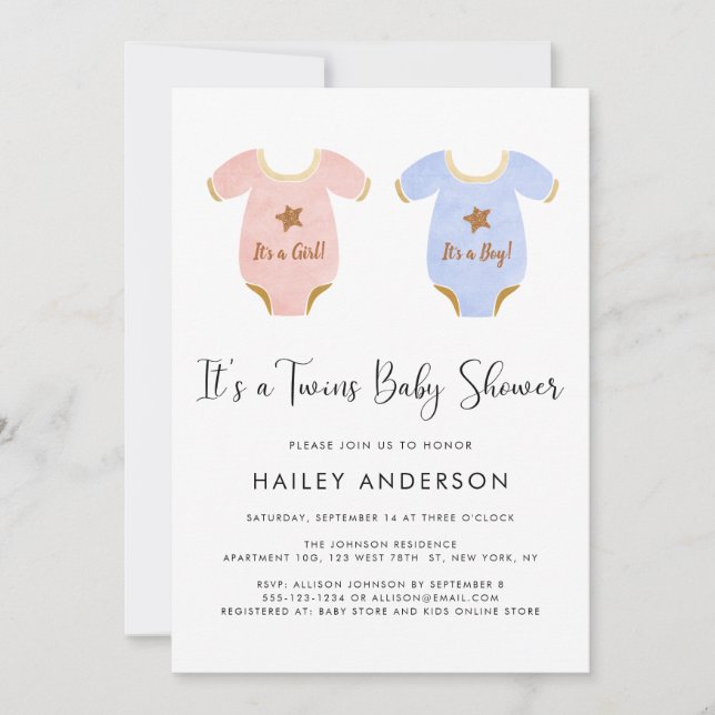 Invitation Cute Twin Girl Boy Baby shower d'aquarelle (Devant)
