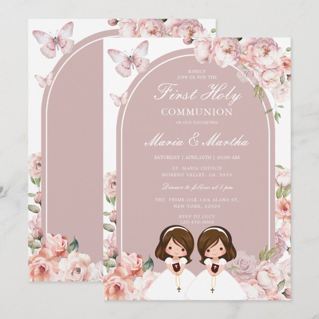 Invitation Cute Twin Girl First Holy Communion Rose Floral (Devant / Derrière)