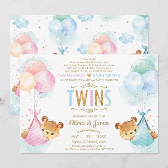 Invitation Cute Twin Teddy Bear Girl Baby shower garçon par c (Devant / Derrière)