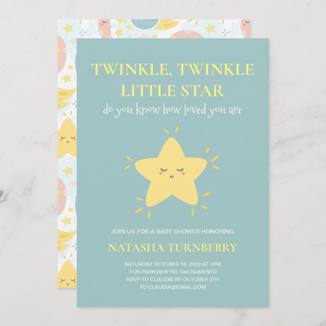 Invitation Cute Twinkle Little Star Baby shower bleu jaune (Devant / Derrière)