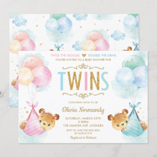 Invitation Cute Twins Baby Girl Boy Baby shower Nounours