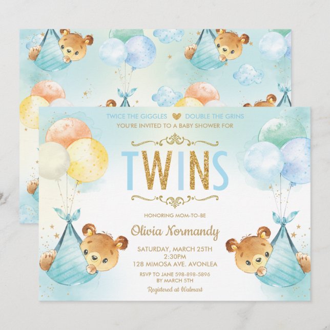 Invitation Cute Twins Twin Baby Boys Baby shower Nounours (Devant / Derrière)