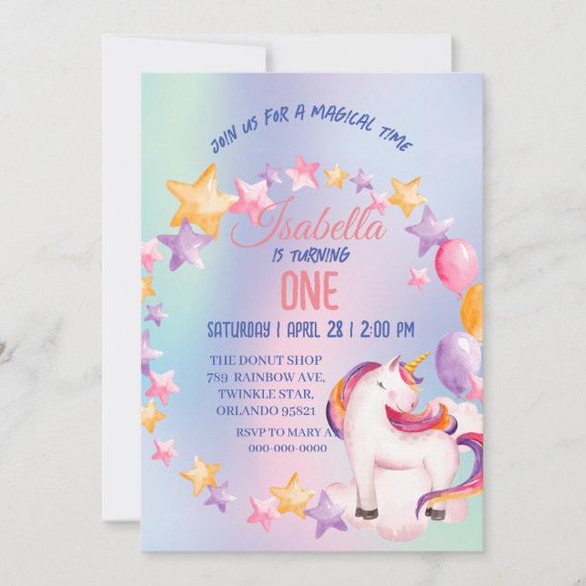 Invitation Cute Unicorn Arc-en-ciel Anniversaire (Devant)