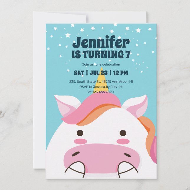 Invitation Cute Unicorn Cartoon Anniversaire de enfant magiqu (Devant)