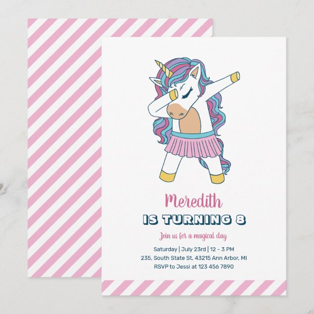 Invitation Cute Unicorn Dabbing Enfants Filles Anniversaire (Devant / Derrière)
