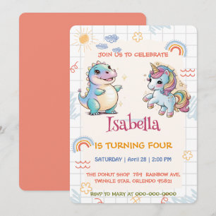 Invitation Cute unicorn Dinosaur fleur arc-en-ciel Enfants d'