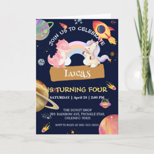 Invitation Cute Unicorn Dinosaur Galaxy Rocket fête d'anniver