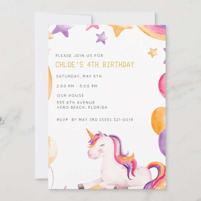 Invitation Cute Unicorn Enfants Fête d'anniversaire fille (Devant)