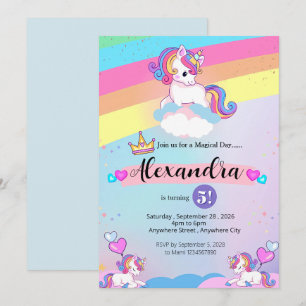 Invitation Cute Unicorn et coloré Rainbow Anniversaire