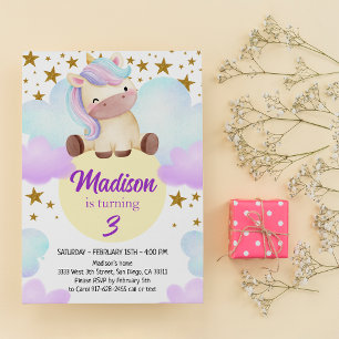 Invitation Cute Unicorn et Gold Stars Anniversaire