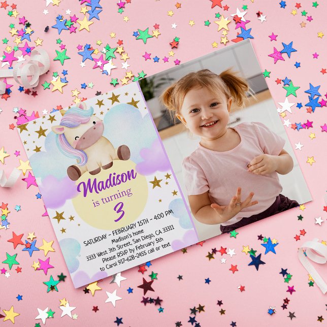 Invitation Cute Unicorn et Gold Stars Photo Anniversaire (Créateur téléchargé)