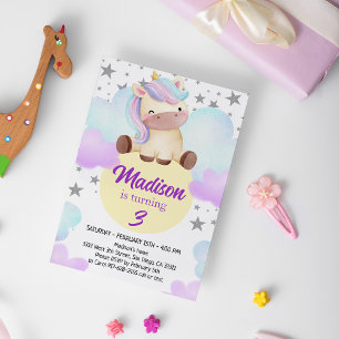 Invitation Cute Unicorn et Silver Stars Anniversaire