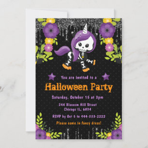Invitation Cute Unicorn Floral Halloween Party