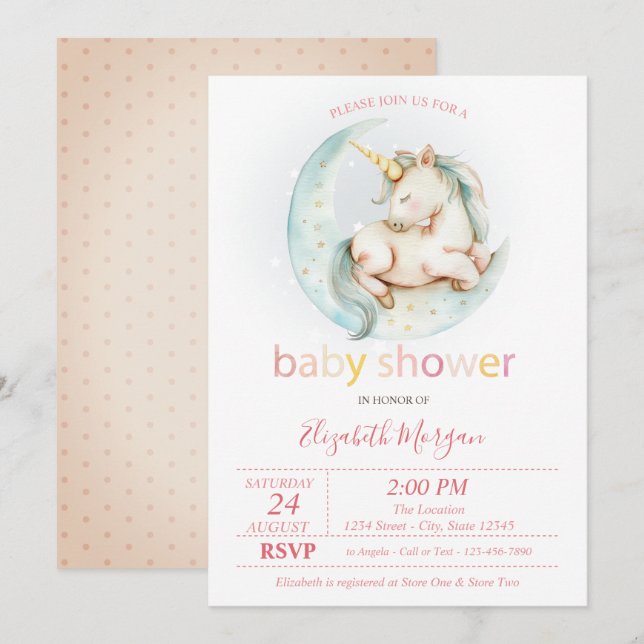 Invitation Cute Unicorn Lune Baby shower pointillé (Devant / Derrière)