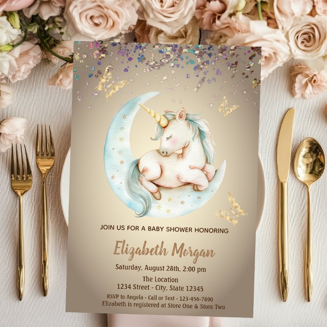 Invitation Cute Unicorn Lune Butterfly Confetti Baby shower (Créateur téléchargé)