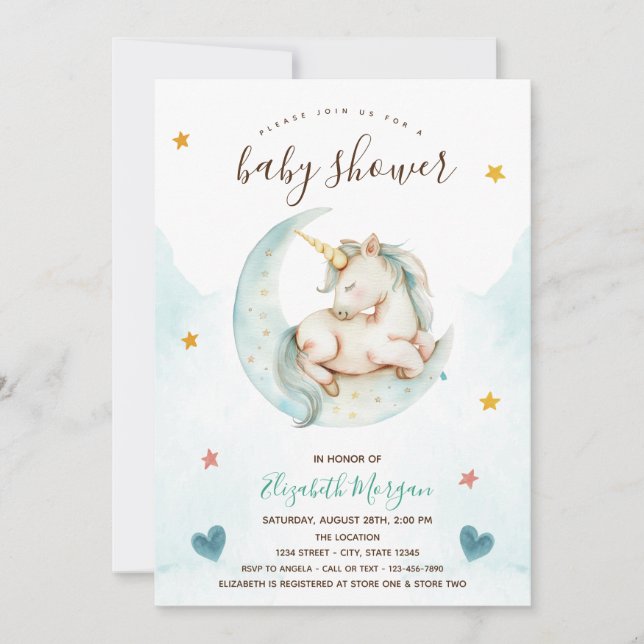 Invitation Cute Unicorn Lune Stars Baby shower Coeur (Devant)