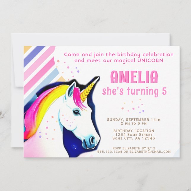 Invitation Cute Unicorn Magique Fille Anniversaire (Devant)