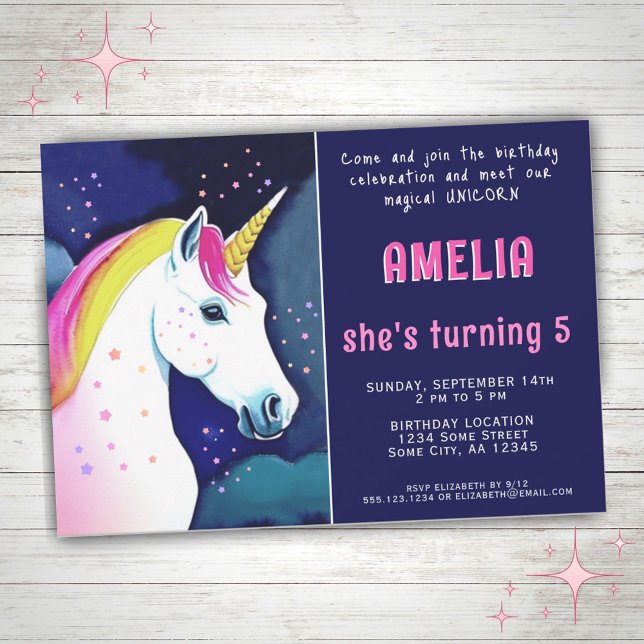 Invitation Cute Unicorn Magique Stars Fille Anniversaire (Créateur téléchargé)