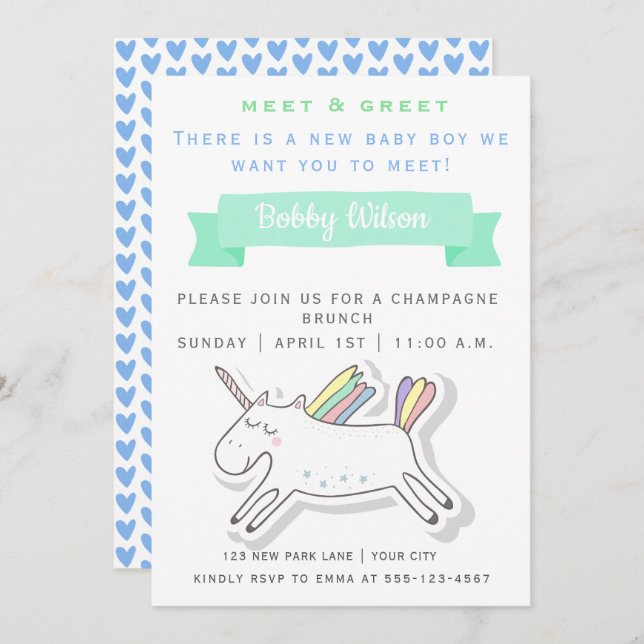 Invitation Cute Unicorn | Meet & Greet New Baby (Devant / Derrière)