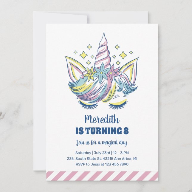 Invitation Cute Unicorn Princess Enfants Filles Anniversaire (Devant)