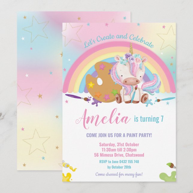 Invitation Cute Unicorn Rainbow Art Paint Fête d'anniversaire (Devant / Derrière)