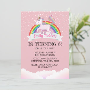 Invitation Cute Unicorn & Rainbow Pink fête d'anniversaire