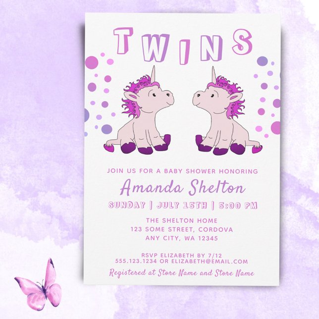 Invitation Cute Unicorn Twins 2 Baby Girls Baby shower (Créateur téléchargé)