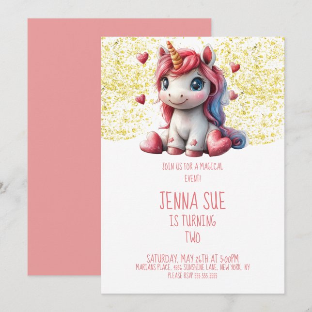Invitation Cute Unicorn Valentines fête de la journée (Devant / Derrière)