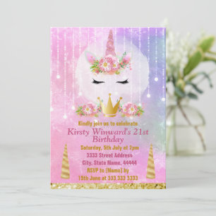 Invitation Cute Unicorn Visage rose Fleurs Anniversaire